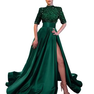Mock Turtle Neck Prom Dresses Half Sleeve Formal Gowns Sequins Satin Evening Dress A-Line Ball Gown Slit JS0005