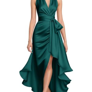 High Low Prom Dresses for Women Elegant V-Neck Halter Party Dress A-Line Satin Evening Gowns Mermaid Pleated Gown JA0318
