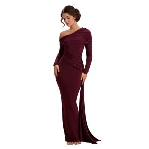 Jamille Women's One Shoulder Formal Dress Satin Mermaid Prom Dresses Long Sleeve Ruched Evening Gown with Cape JA0224