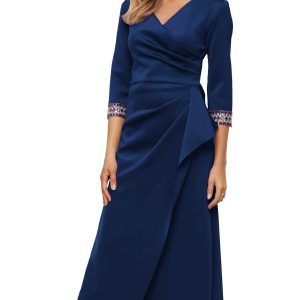 Satin Mother of the Bride Dress V-Neck Wrap 3/4 Sleeve Elegant Beaded Split Maxi Evening Gown for Women Cg0071