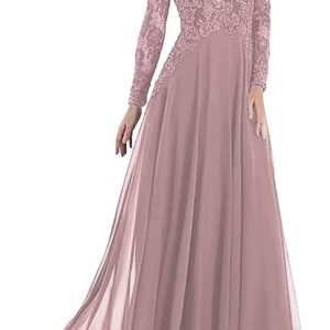 Lace Applique Mother of The Bride Dresses Evening Formal Gowns Long Sleeve Beaded Chiffon for Women Pleated DR0122