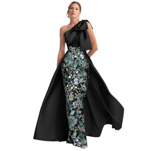 One Shoulder Big Bow Satin Mermaid Formal Dress Floral Beaded Panel High Slit Overlay Floor Length Gown