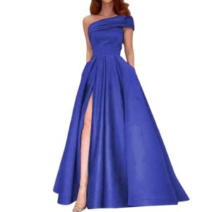Womens Wedding Guest Dress Satin One Shoulder High Waist Split Evening Gown Anti Wrinkle Birthday Party Attire