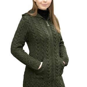 Aran Crafts Women's Irish Cable Knitted Wool Hooded Zip Coat (100% Merino Wool)