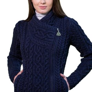 SAOL Irish Cardigan for Women Made of 100% Merino Wool Ireland Sweater Cable Knit Zip Jacket