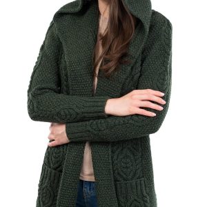 SAOL 100% Merino Wool Ladies Irish Classic Fit Long Cardigan with Hood