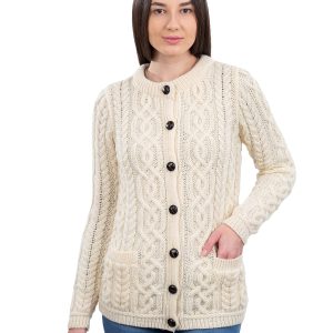 SAOL 100% Merino Wool Ladies Irish Buttons Knit Cardigan Lumber Jacket with Pockets