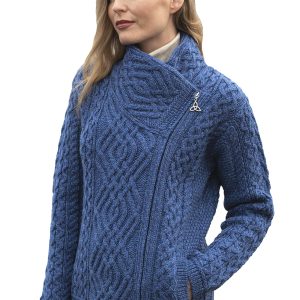 Aran Crafts Women's Irish Cable Knitted Wool Side Zip Cardigan (100% Merino Wool)