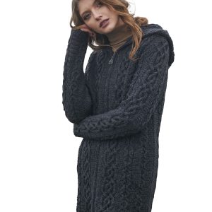 SAOL 100% Merino Wool Aran Irish Cardigan for Women with Pockets, Hood and Celtic Zipper