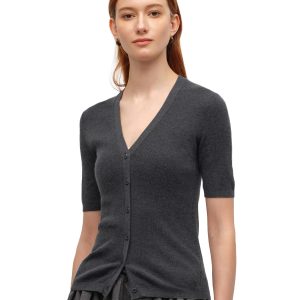 KVSS Women's V-Neck Ribbed Knit Short Sleeve Cardigan, 70% Cashmere 30% Silk Lightweight Luxury Spring Summer Sweater