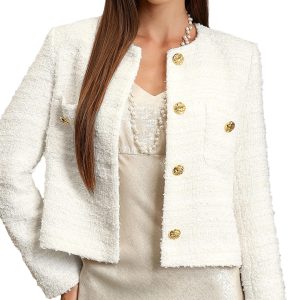 M.Infisavo Cropped Tweed Blazers for Women | Woolen, Boucle, Dressy Casual Business Work Jacket, Elegant, Single Breasted, Crew Neck, Fall Winter Outfits 2026