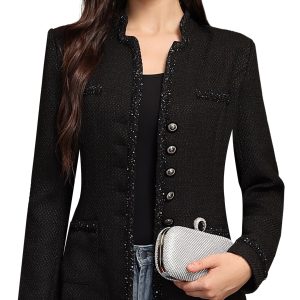M.Infisavo Tweed Blazers for Women Dressy Casual | Business Work Jacket, Elegant, Stand Collar, Single Breasted with Buttons and Pockets 2026